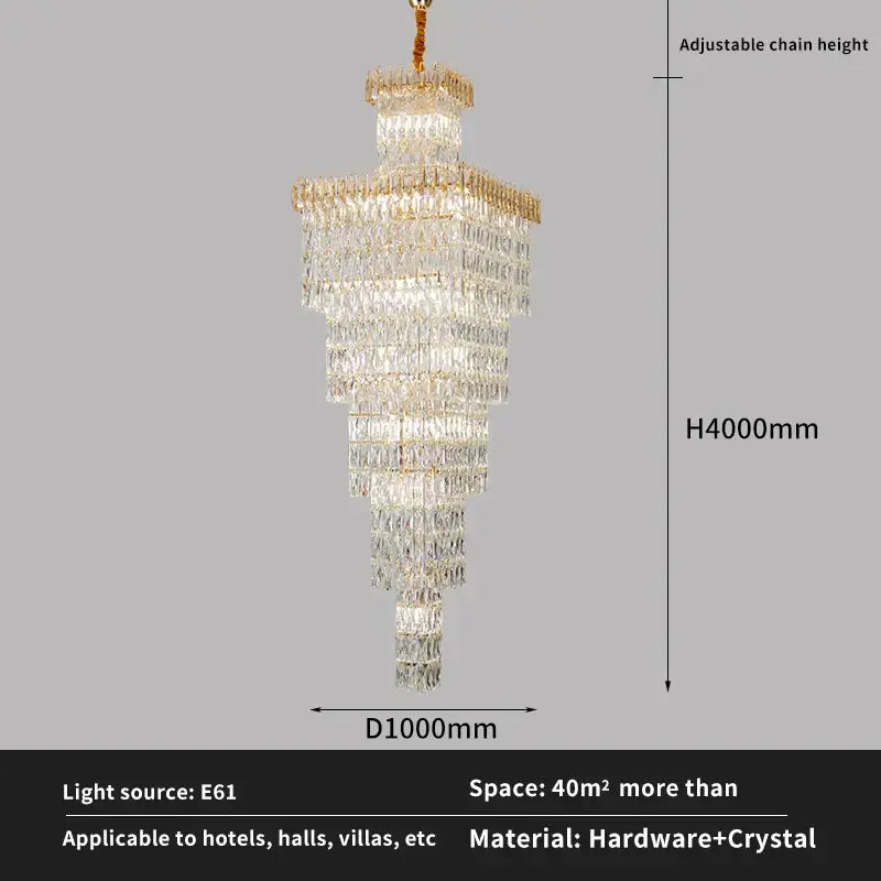 Modern gold crystal hollow stair chandelier with multi-tiered cascading rectangular crystals and gold-toned metal frame