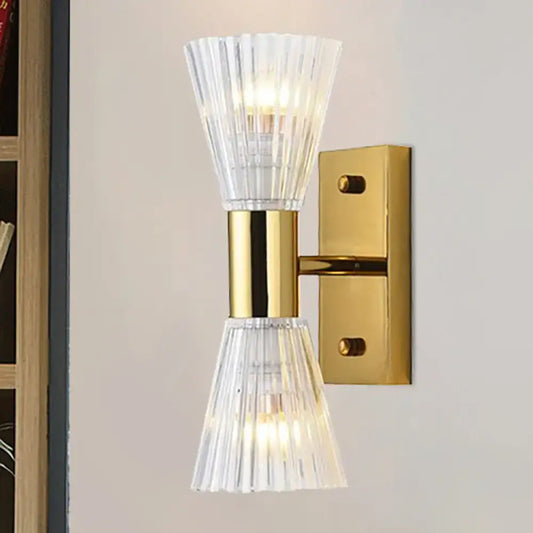 Modern gold crystal hourglass wall light fixture with gold-toned wall light and clear fluted glass shades for bedroom use compatible with 220v-240v and 110v-120v