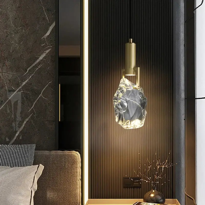 Modern gold crystal iron bedside chandelier with clear faceted shade and gold-toned hardware for bedroom decorbites crystal iron