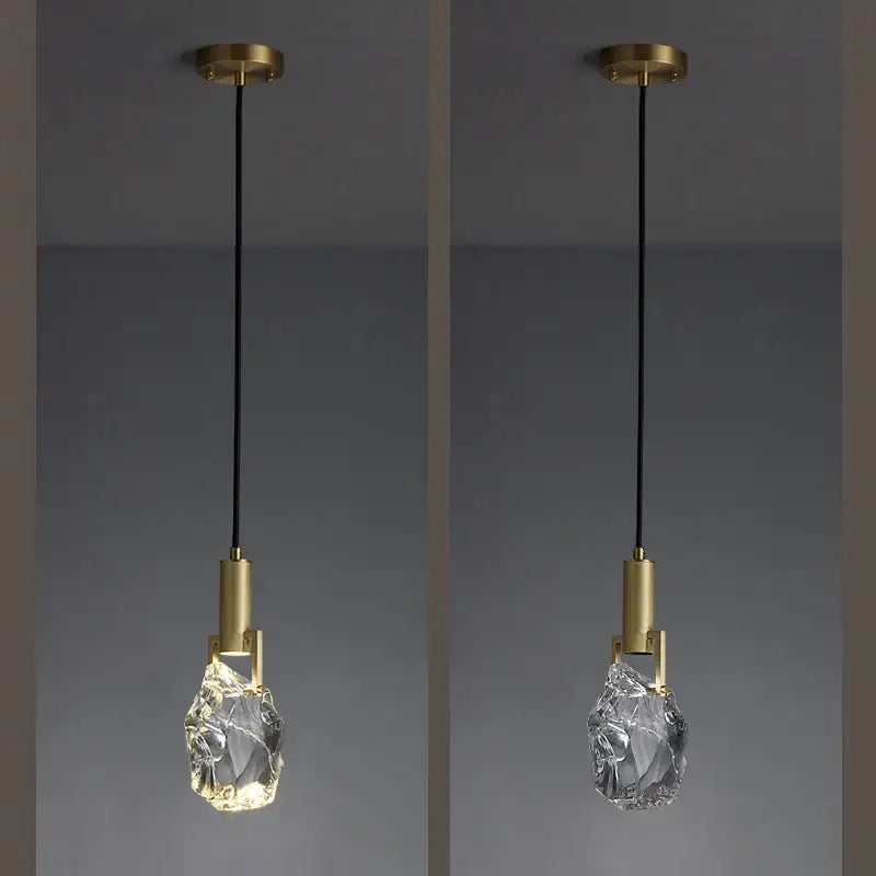 Modern gold crystal iron bedside chandelier pendant light with irregular clear glass shade and black cord by decorbites crystal iron