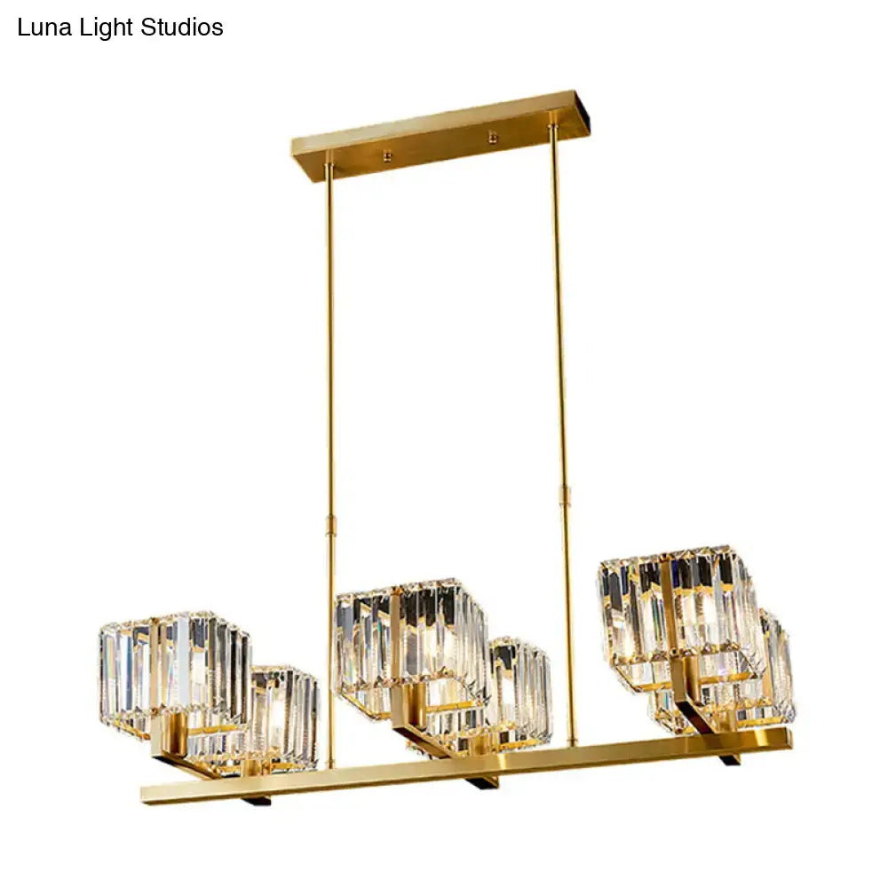 Modern gold crystal island light fixture with six e12 e14 faceted candle-style shades suspended by rods