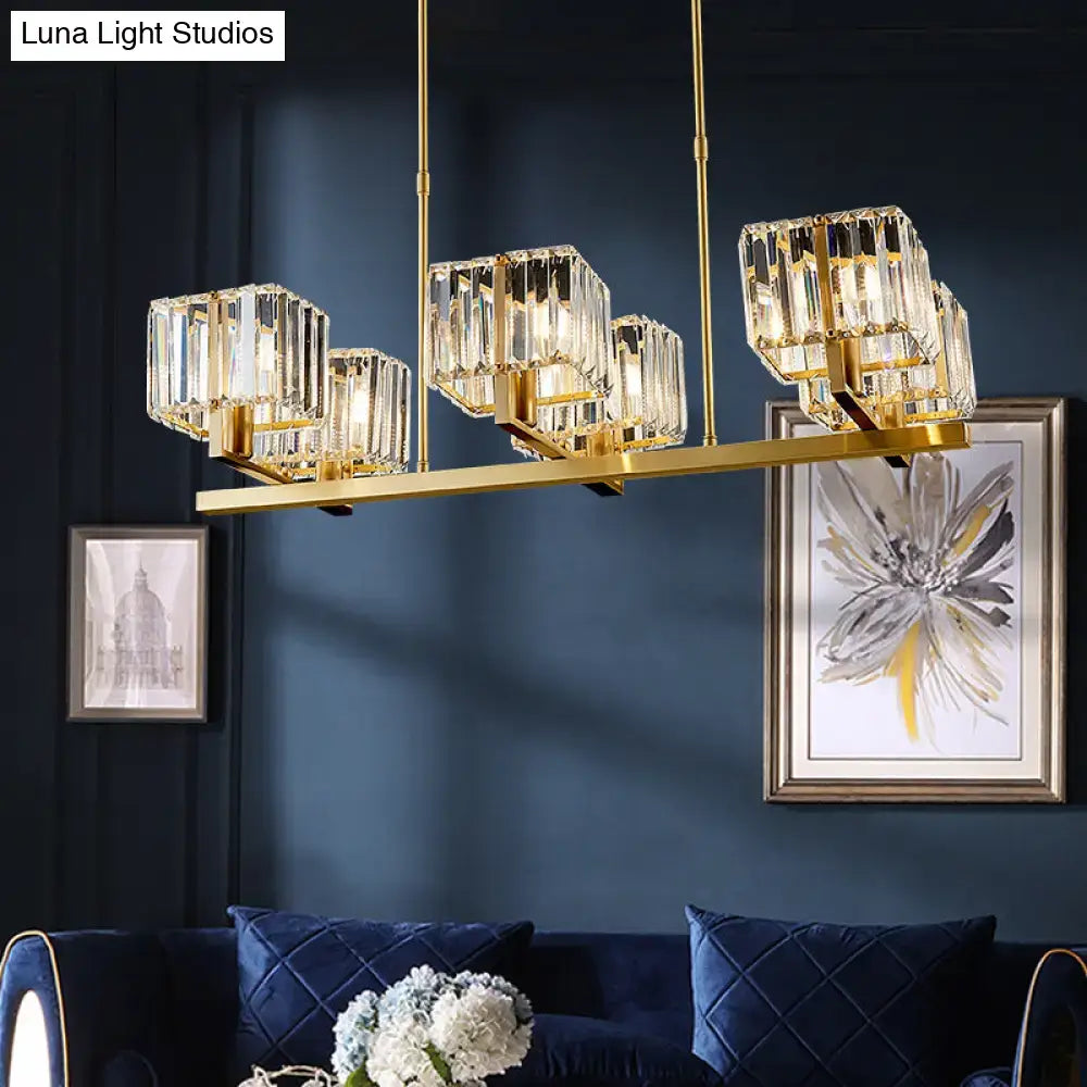 Modern gold crystal island light fixture with six faceted crystal shades linear design for dining room lighting