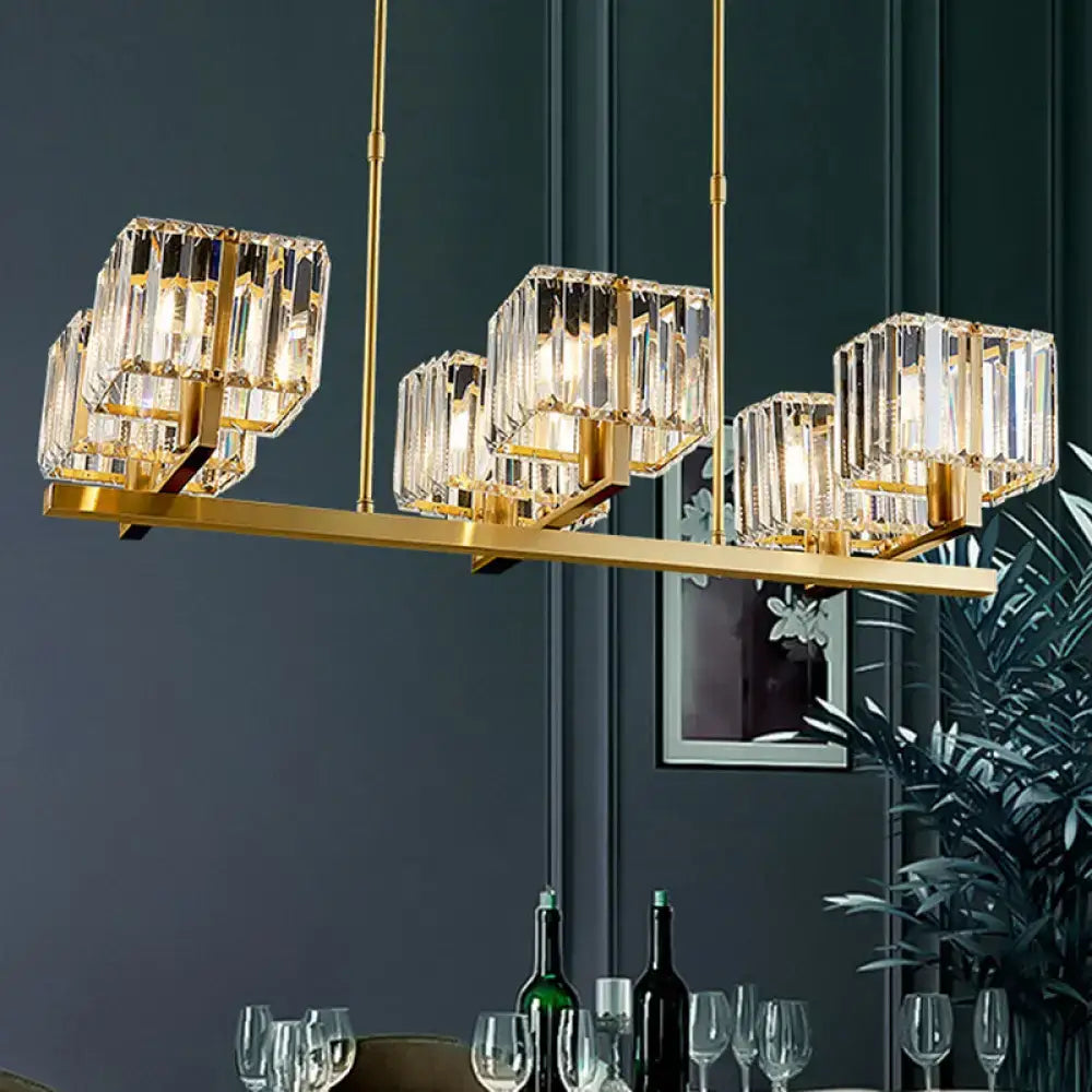 Modern gold crystal island light fixture with rectangular metal frame and faceted cubes compatible with e12 e14 bulbs