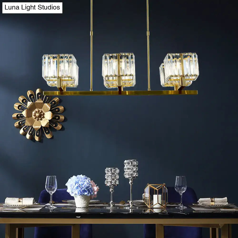 Modern gold island light fixture with three rectangular crystal pendants suspended by slender rods e12 e14 compatible