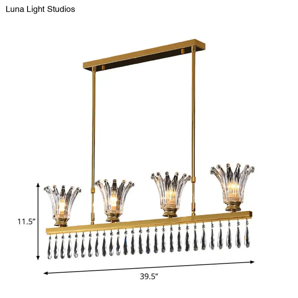 Decorbites gold island light ceiling light with four crown-shaped clear crystal glass shades and dangling teardrop crystals