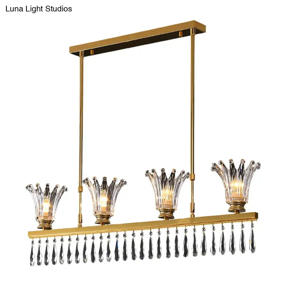 DecorBites gold island light ceiling light with four crown-shaped clear crystal glass shades and dangling teardrop crystals