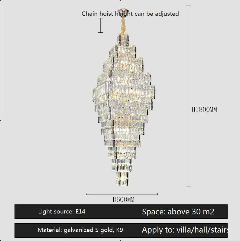 Elegant afralia crystal large chandelier with clear prisms and gold metal frame for living room stairs lighting