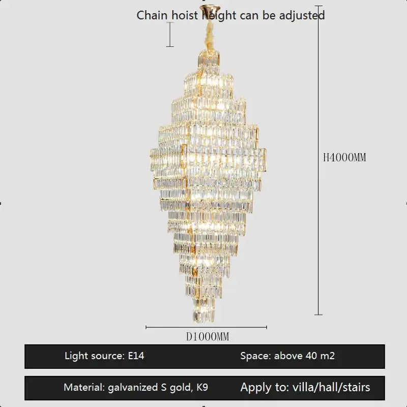 Elegant modern gold crystal large chandelier with cascading clear prisms ideal for living room stairs afralia crystal design