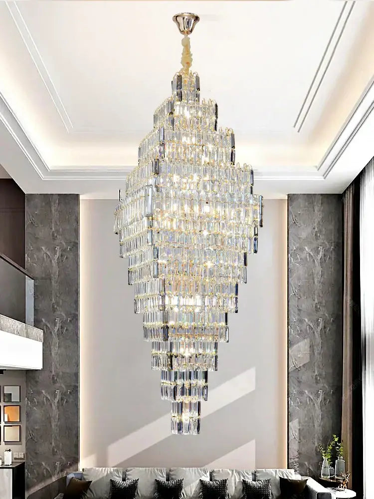 Modern gold afralia crystal large chandelier with cascading clear prisms for living room stairs lighting