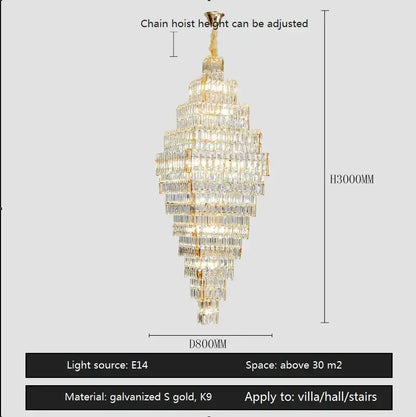 Modern gold crystal large chandelier with cascading clear rectangular crystals in a metal frame for living room stairs afralia crystal large