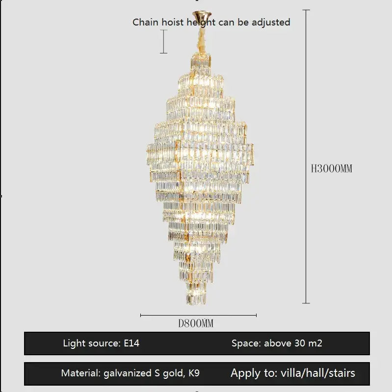 Modern gold crystal large chandelier with cascading clear rectangular crystals in a metal frame for living room stairs afralia crystal large