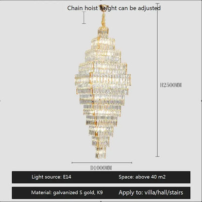 Modern gold crystal large chandelier with afralia crystal prisms for living room stairs lighting