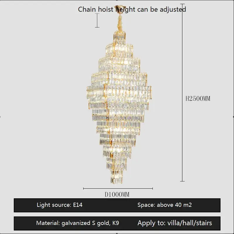 Modern gold crystal large chandelier with afralia crystal prisms for living room stairs lighting