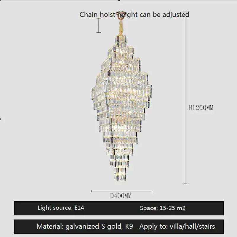 Modern gold afralia crystal large chandelier with tiered design and adjustable chain hoist for living room stairs