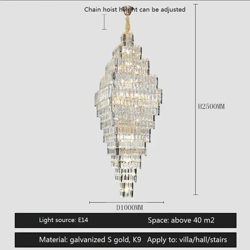 Modern gold crystal large chandelier with afralia crystal and adjustable chain hoist for living room stairs