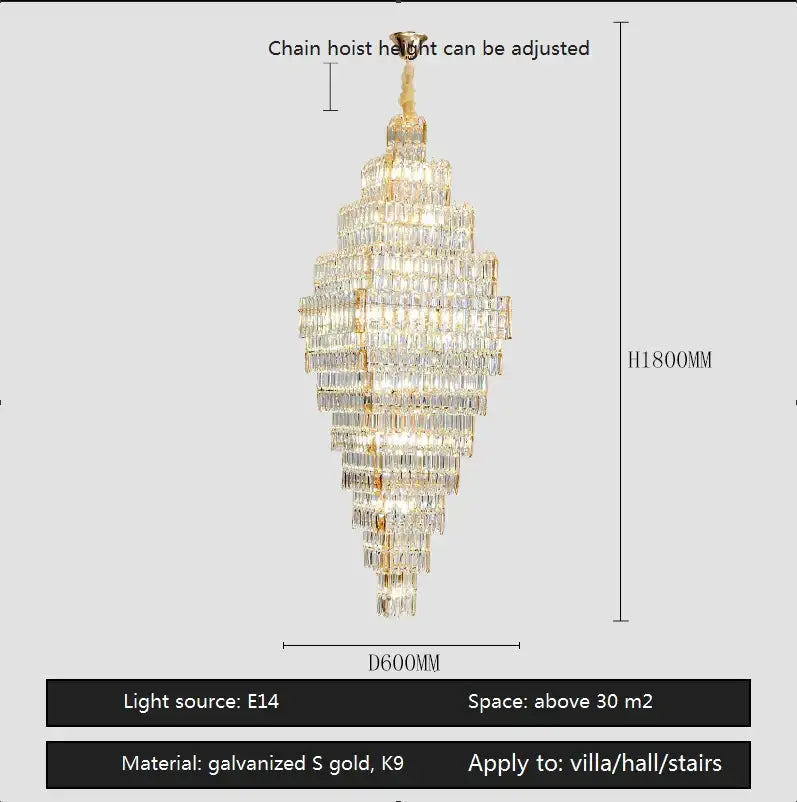 Modern gold afralia crystal large chandelier with cascading k9 prisms for living room stairs lighting