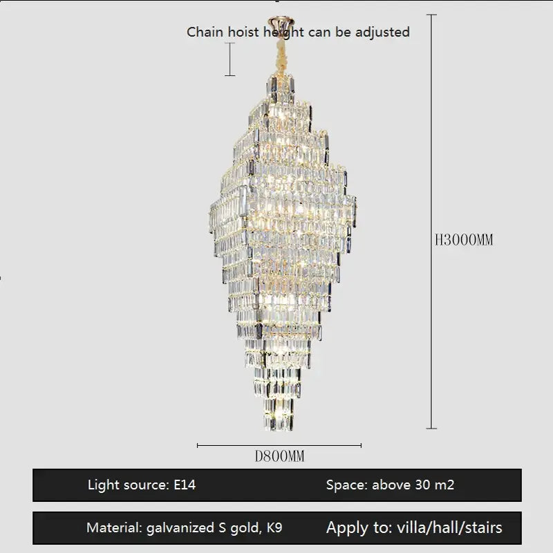 Modern gold crystal large chandelier with afralia crystal tiered rectangular crystals for living room stairs