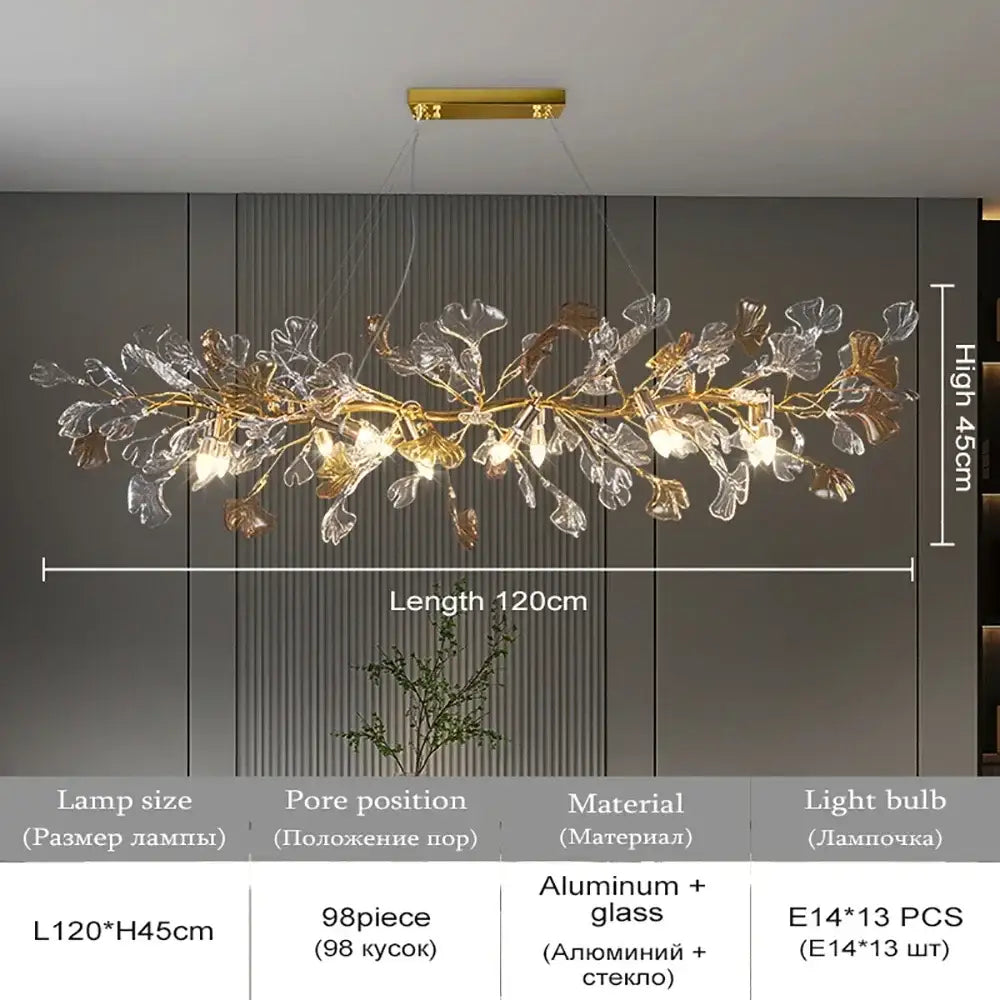 Modern gold crystal leaf branch chandelier with a 120cm golden aluminum frame and clear glass leaf elements for dining room decorbites crystal leaf