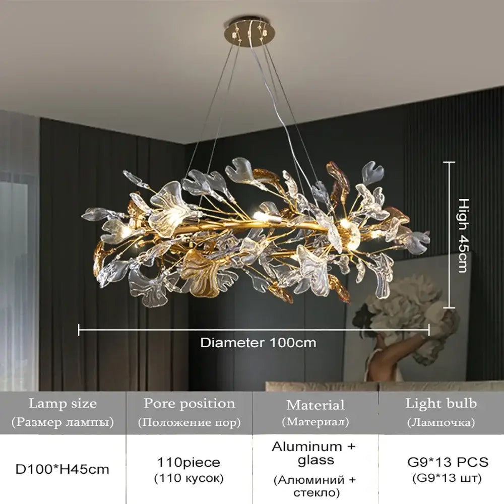 Modern gold crystal leaf branch chandelier with golden aluminum frame and clear glass floral elements for dining room decorbites crystal leaf