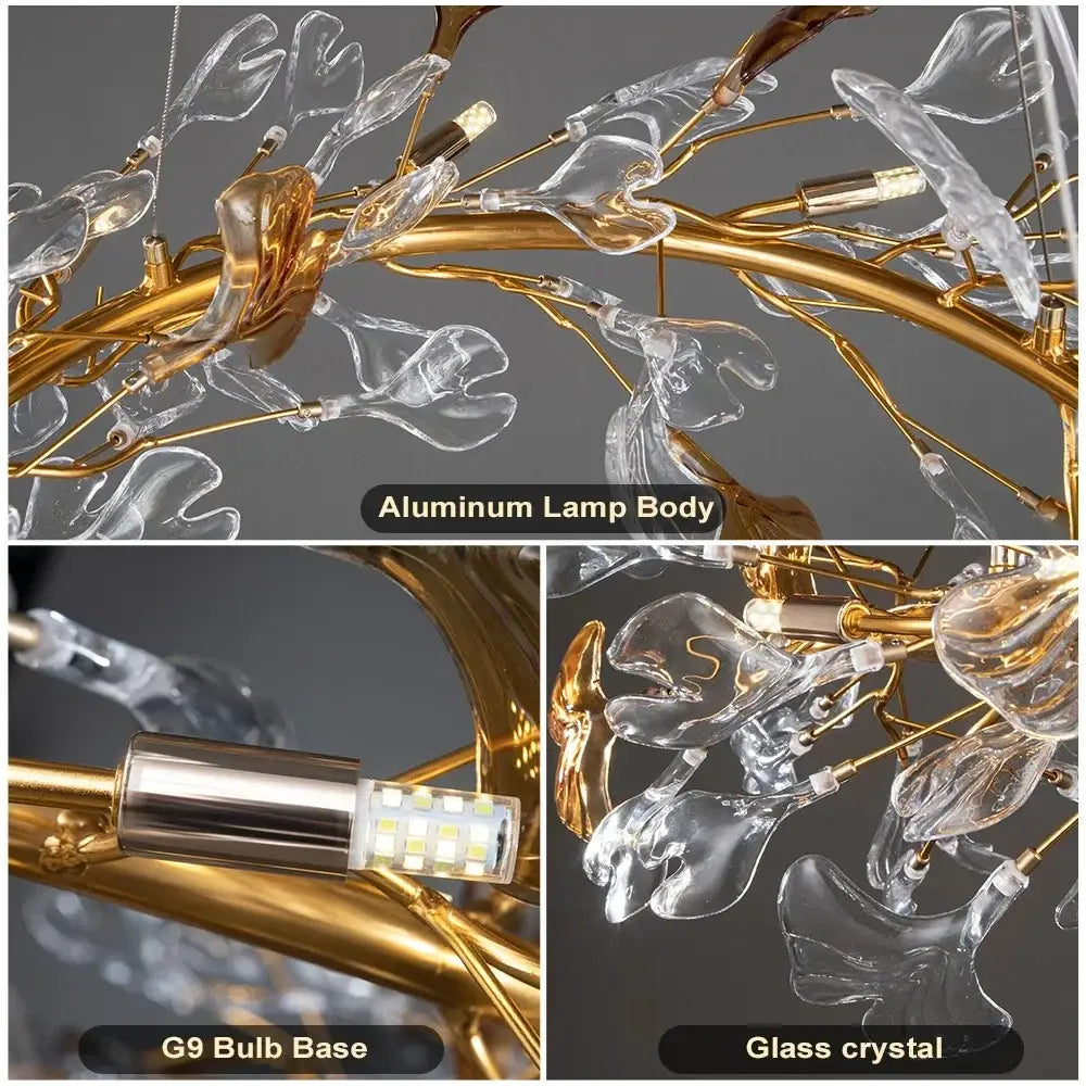 Modern gold crystal leaf branch chandelier with golden aluminum and clear glass crystal leaves for dining room decorbites crystal leaf