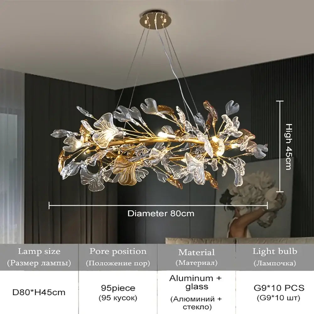 Modern gold crystal leaf branch chandelier with aluminum frame and clear glass decorbites crystal leaf elements
