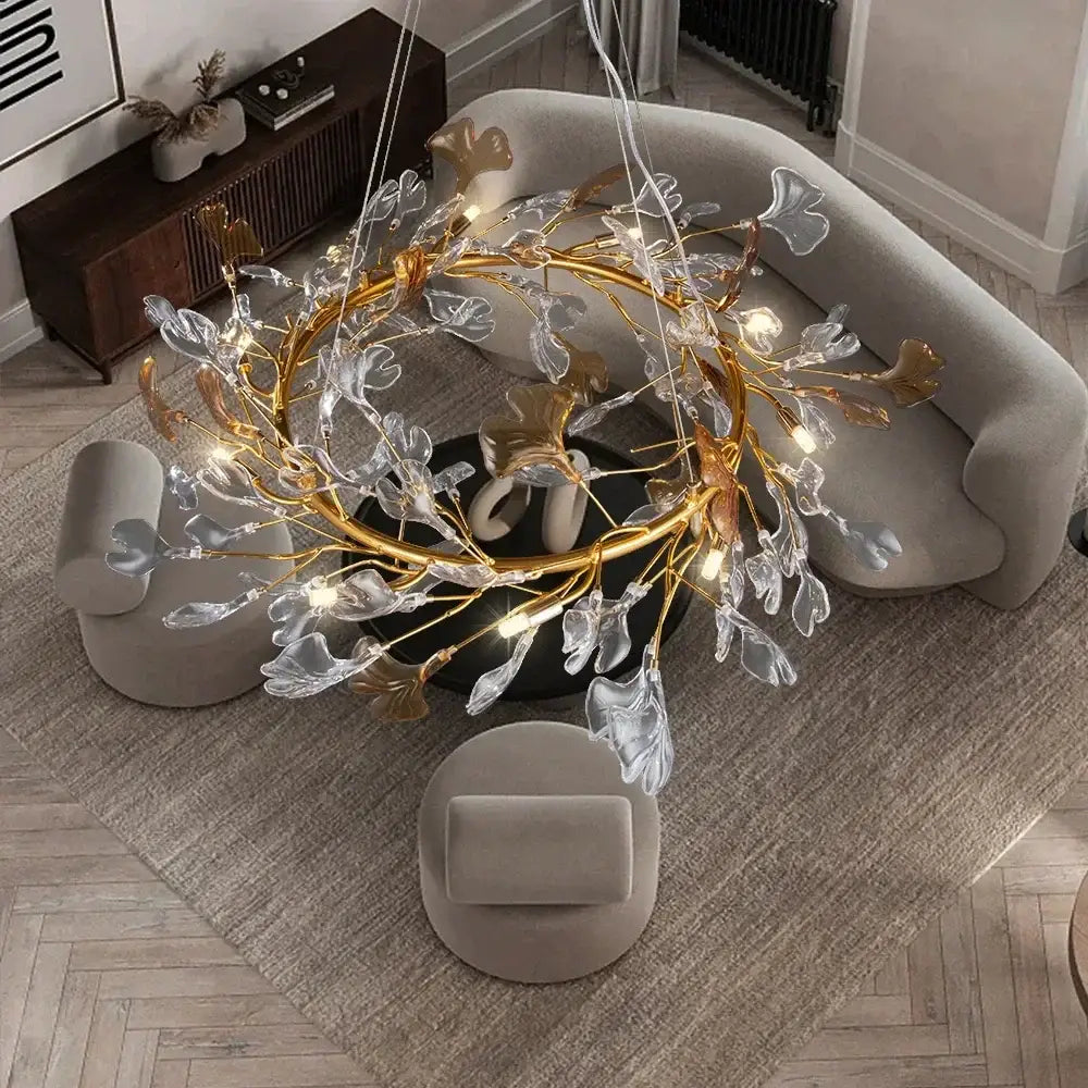 Modern gold crystal leaf branch chandelier with clear and amber glass ginkgo leaf accents for dining room decorbites crystal leaf