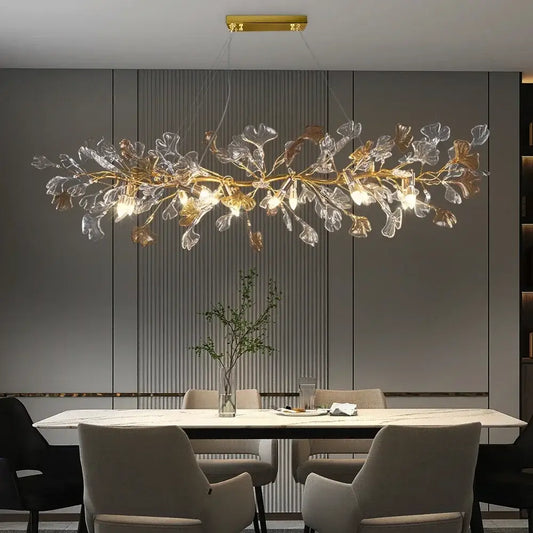 Modern gold crystal leaf branch chandelier with clear glass leaf elements and warm bulbs for dining room decorbites crystal leaf