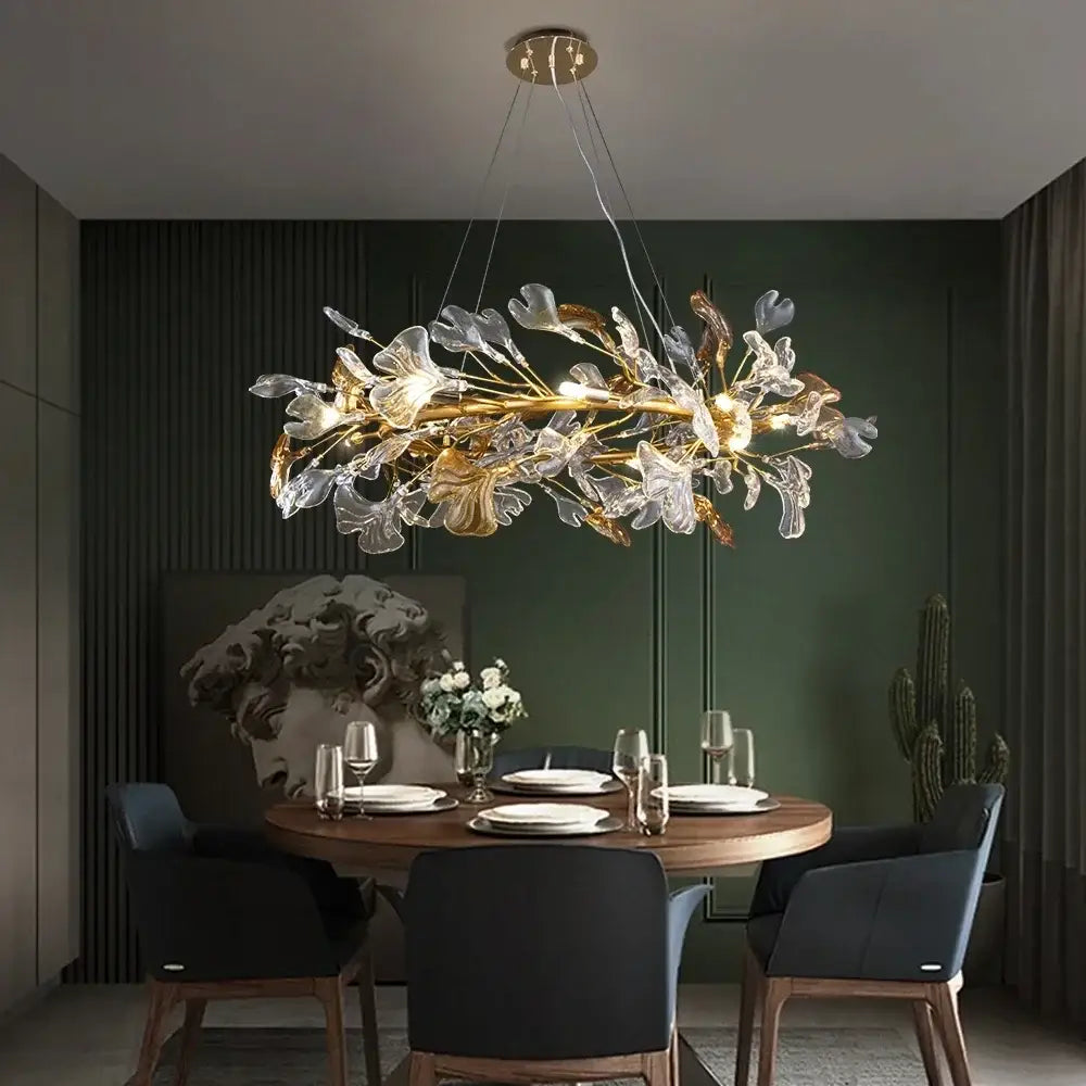 Modern gold crystal leaf branch chandelier with gold metal branches and clear glass leaves for dining room decorbites crystal leaf