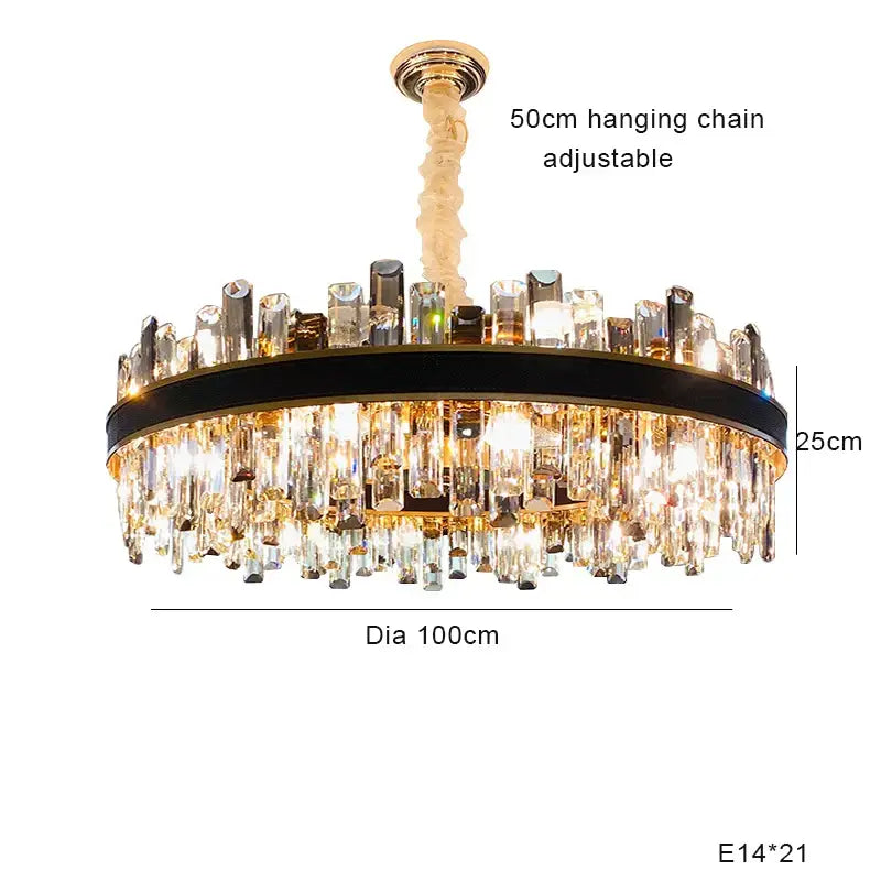 Modern gold crystal leather chandelier with black and gold frame and clear prisms by decorbites crystal leather decor