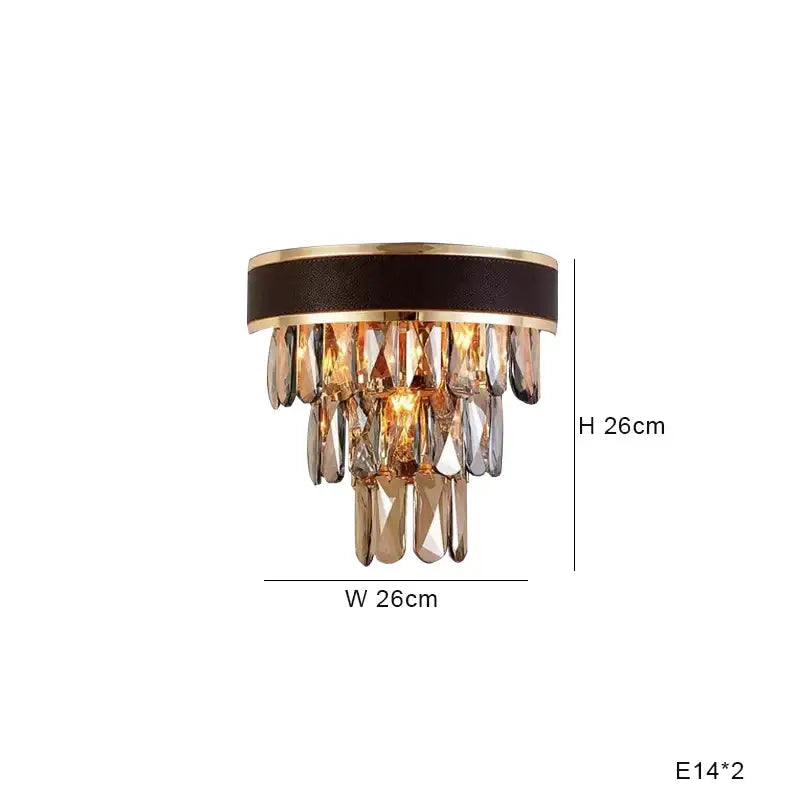Elegant modern gold crystal leather chandelier with cascading faceted crystal droplets and dark brown leather band by decorbites crystal leather