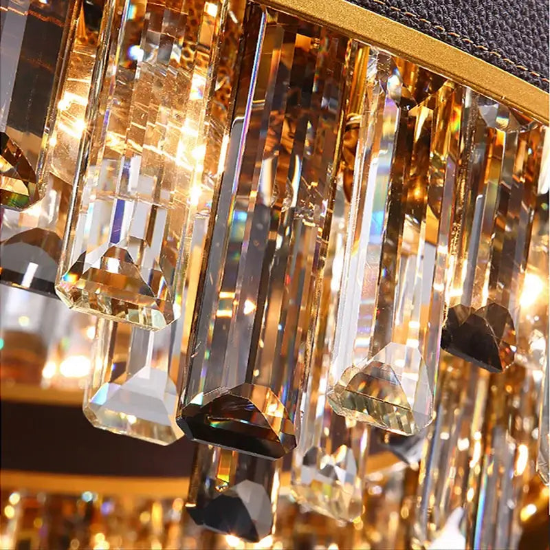 Modern gold crystal leather chandelier living room led light with golden frame and cascading faceted crystal prisms decorbites crystal leather