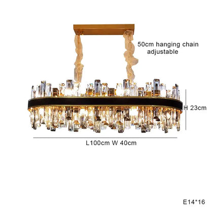 Modern gold crystal leather chandelier with oval frame and cascading clear prisms for living room decorbites crystal leather