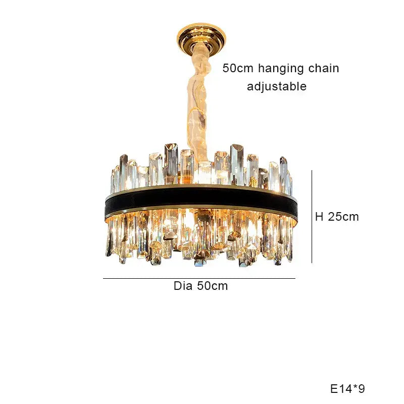 A modern gold crystal leather chandelier with black accents and cascading clear crystals for elegant living room decorbites crystal leather lighting