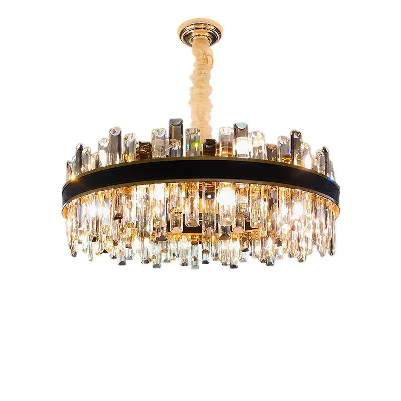 Modern gold crystal leather chandelier with black accent ring and cascading prisms for living room decorbites crystal leather