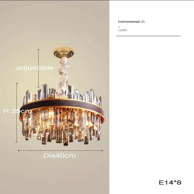 Modern gold crystal leather chandelier with circular frame and clear prisms by decorbites for living room decor
