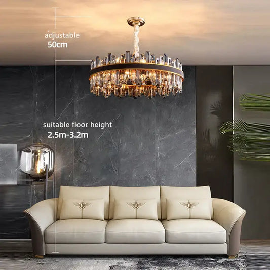Modern gold crystal leather chandelier with cascading prisms and sleek design for living room decorbites crystal leather