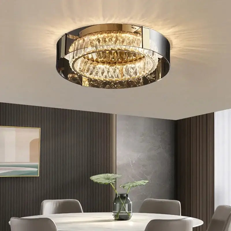 Modern gold crystal led ceiling chandelier with faceted crystal tiers and black metallic frame for elegant bedroom decorbites crystal led