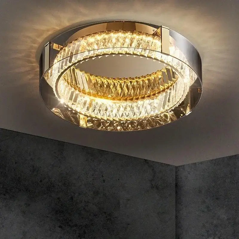 Modern gold crystal led ceiling chandelier with double-ring polished chrome frames and faceted crystal elements decorbites crystal led