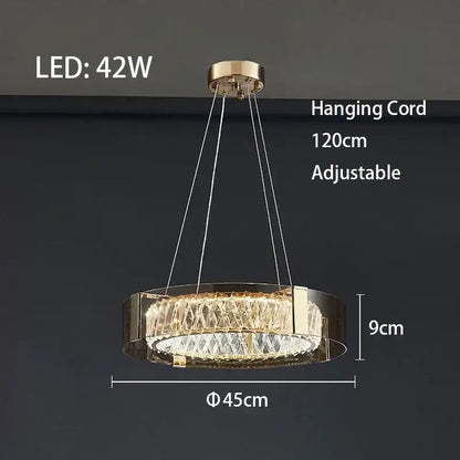 Modern gold crystal led ceiling chandelier with gold-toned circular frame and 42w decorbites crystal led accents