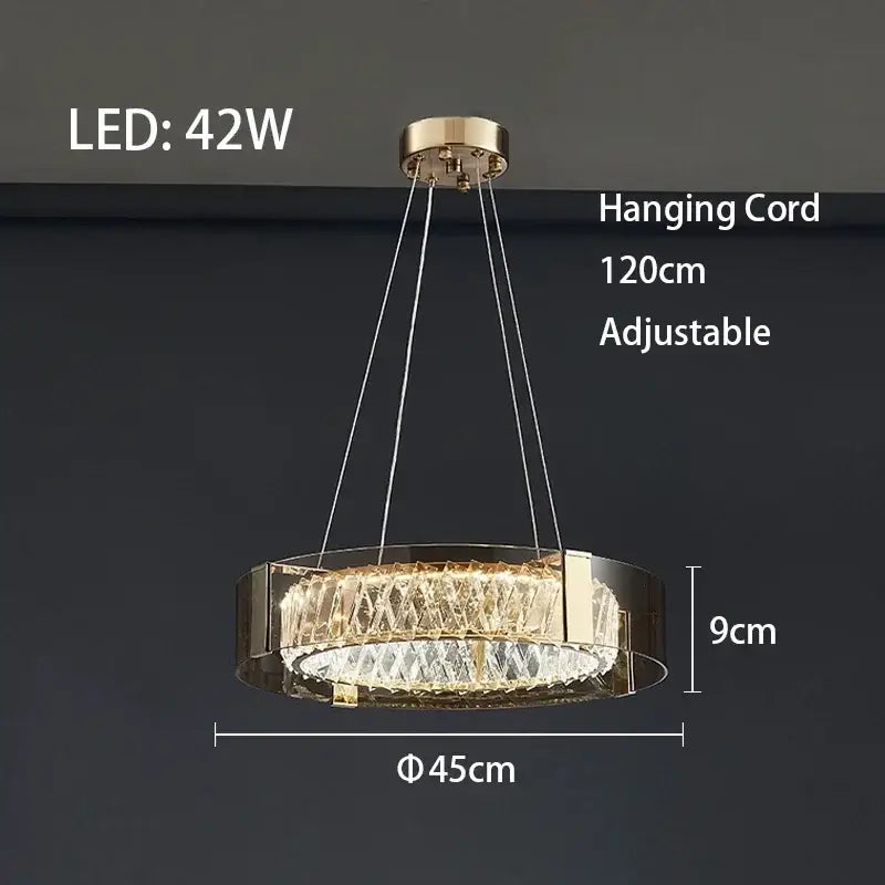 Modern gold crystal led ceiling chandelier with gold-toned circular frame and 42w decorbites crystal led accents