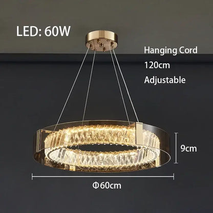 Modern gold crystal led ceiling chandelier with gold-toned circular frame and crystal led decorbites rings for bedroom light