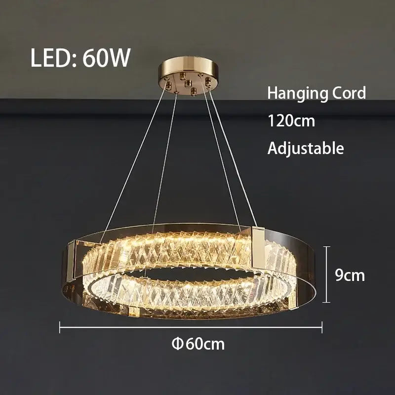 Modern gold crystal led ceiling chandelier with gold-toned circular frame and crystal led decorbites rings for bedroom light