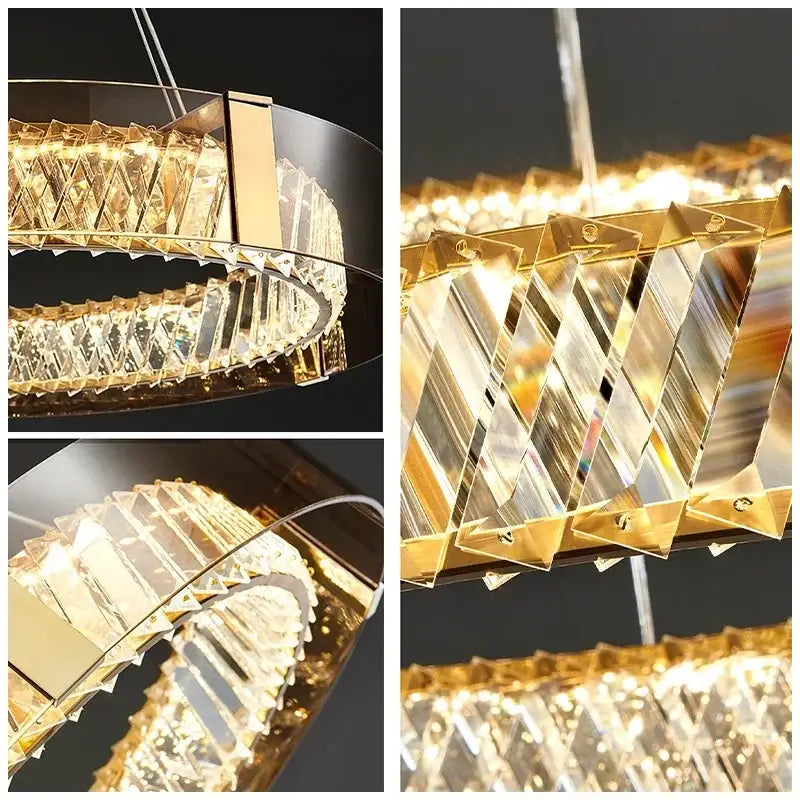 Modern gold crystal led ceiling chandelier with gold-toned double rings and faceted crystal elements for bedroom decorbites crystal led