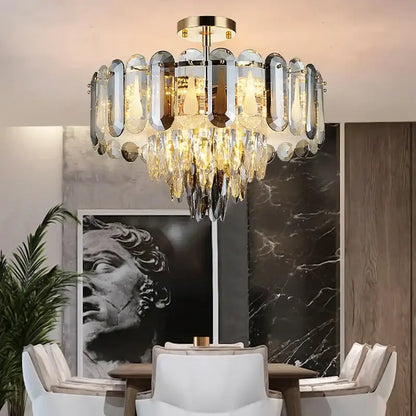 Modern gold crystal led ceiling chandelier with amber and clear crystal droplets for dining room decorbites crystal led light