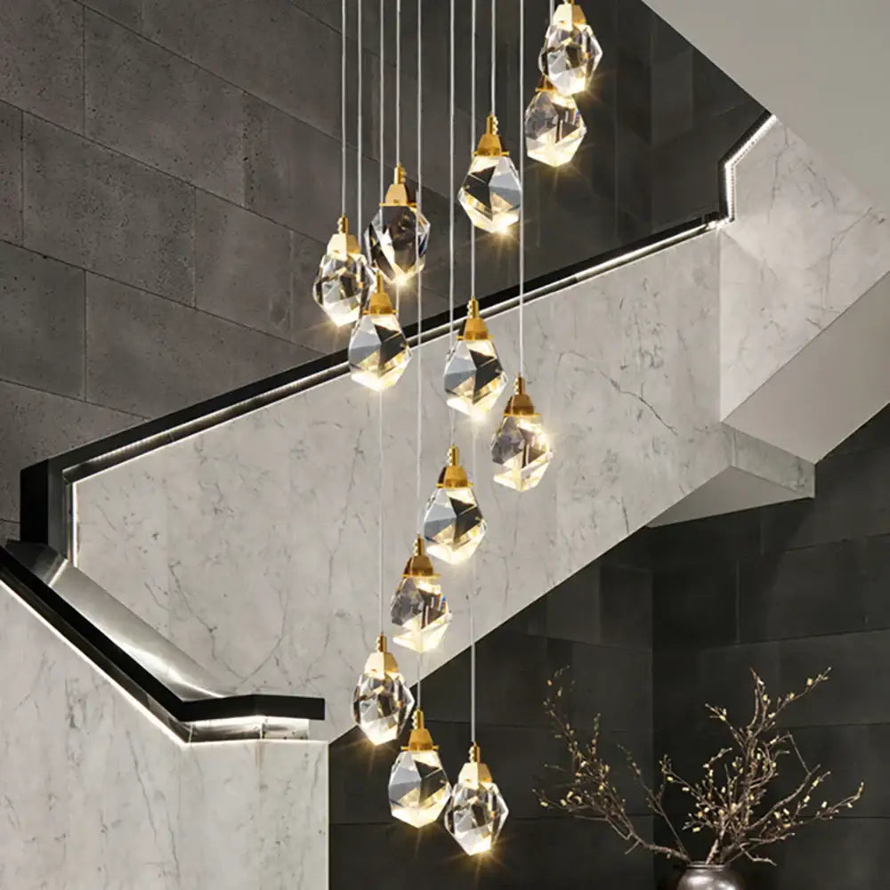 Modern gold crystal led ceiling chandelier with faceted clear glass pendants for elegant dining room decorbites crystal led