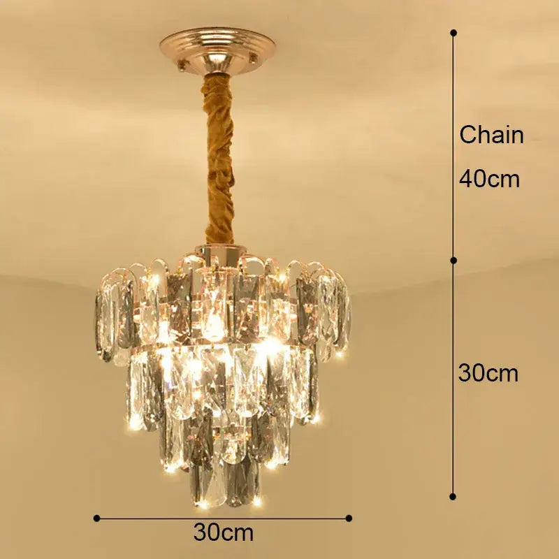 Modern gold crystal led ceiling chandelier with clear glass prisms and twisted rope chain for dining room decorbites crystal led