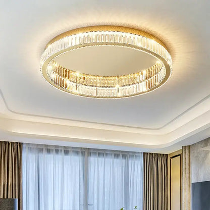 Modern gold crystal led ceiling chandelier featuring two concentric rings of clear faceted crystals for living room decorbites crystal led