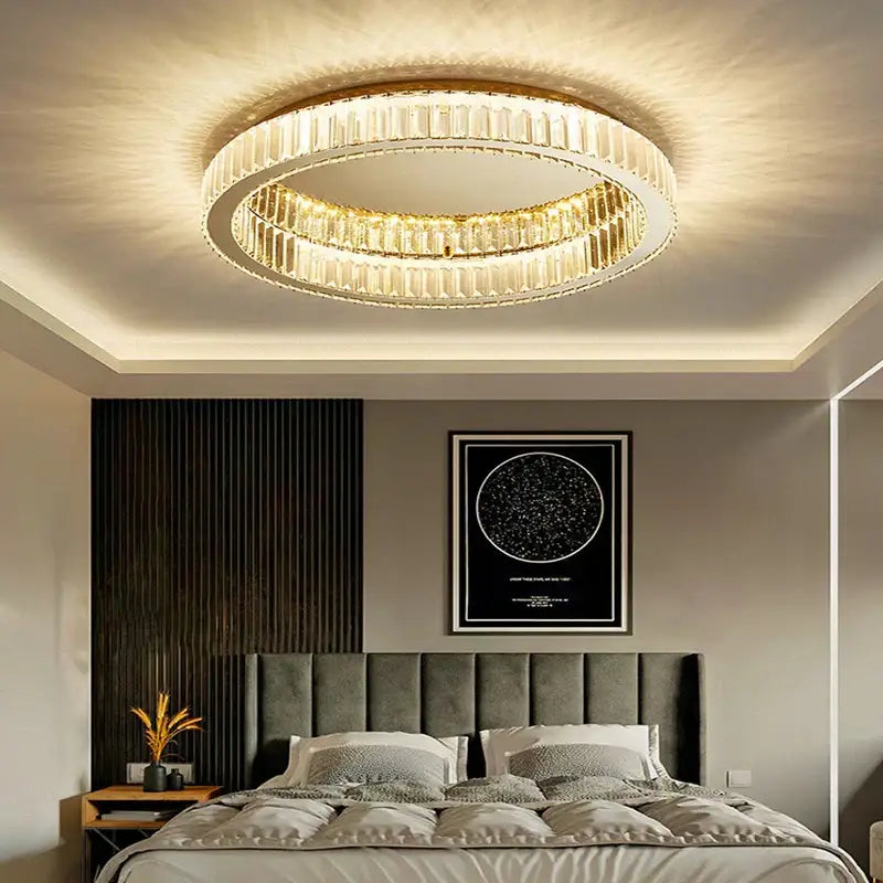 Modern gold crystal led ceiling chandelier featuring two concentric rings of crystal elements for living room decorbites crystal led ceiling chandelier