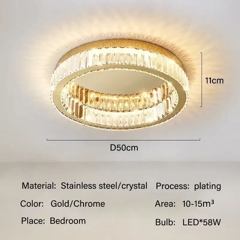 Modern gold crystal led ceiling chandelier with two concentric rings of clear crystal facets for living room lighting
