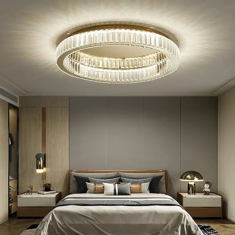 Modern gold crystal led ceiling chandelier featuring two concentric rings of faceted crystals in a metal frame